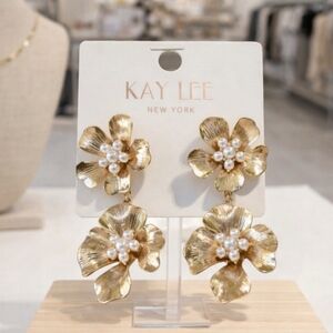 Kay Lee Gold Floral Pearl Earrings New